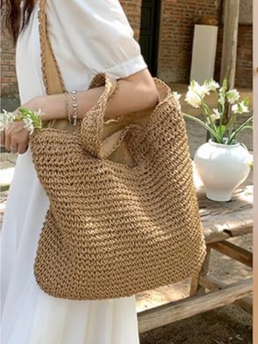 Kiss Sea Large Woven Tote Bag - Natural